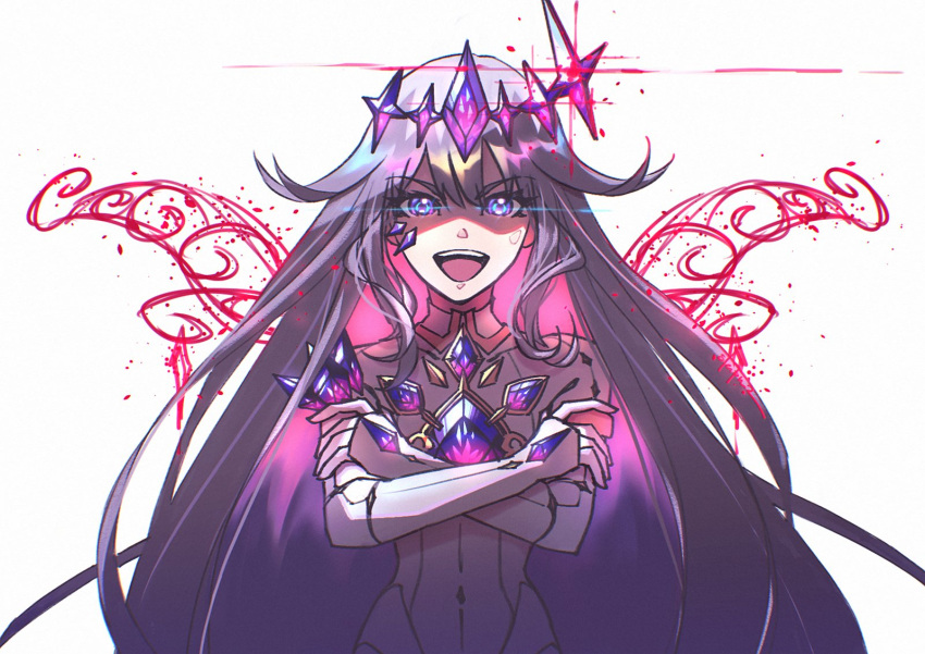 1girl chest_jewel circlet colored_inner_hair commentary crossed_arms dress english_commentary face_jewel gem gem_hair_ornament grey_hair highres hololive hololive_english jewel_under_eye koseki_bijou long_hair looking_at_viewer metal_wings multicolored_hair open_mouth pink_hair purple_gemstone purple_hair roguesleipnir simple_background smile solo violet_eyes virtual_youtuber white_background white_bridal_gauntlets white_dress