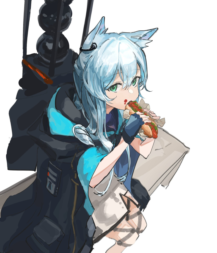 1girl animal_ear_fluff animal_ears arknights backpack bag black_cape blue_gloves blue_hair cape cat_ears cat_girl detached_sleeves dress earpiece eating feet_out_of_frame fingerless_gloves food food_on_face gloves green_eyes hair_between_eyes highres holding holding_food hot_dog kasumi_yuzuha ketchup long_hair looking_at_viewer rosmontis_(arknights) simple_background sitting solo white_background white_dress