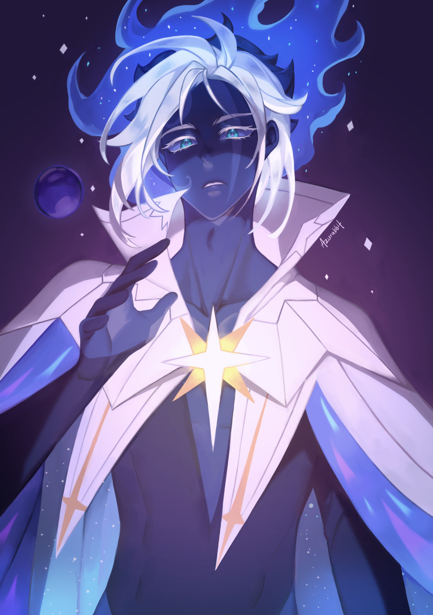 1boy absurdres artist_name blue_eyes blue_fire blue_hair blue_skin capelet colored_skin cookie_run fire highres humanization looking_at_viewer miomawla multicolored_hair personification short_hair solo space star_(symbol) stardust_cookie two-tone_hair white_capelet white_hair