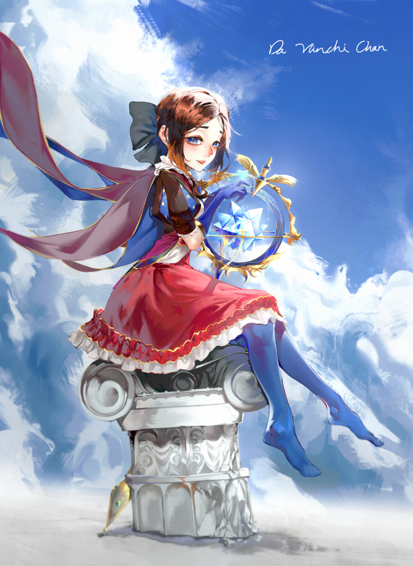 1girl absurdres aged_down black_bow black_gloves blue_eyes blue_pantyhose blue_sky blush bow brown_hair cape capelet character_name clip_studio_paint_(medium) clouds elbow_gloves eyelashes fate/grand_order fate_(series) forehead from_side gloves hair_bow highres leonardo_da_vinci_(fate) leonardo_da_vinci_(rider)_(fate) long_hair looking_at_viewer low_ponytail naked_capelet no_shoes nose_blush pantyhose parted_bangs parted_lips puffy_short_sleeves puffy_sleeves red_skirt sashimi950418 short_sleeves sitting skirt sky smile solo staff two-sided_cape two-sided_fabric