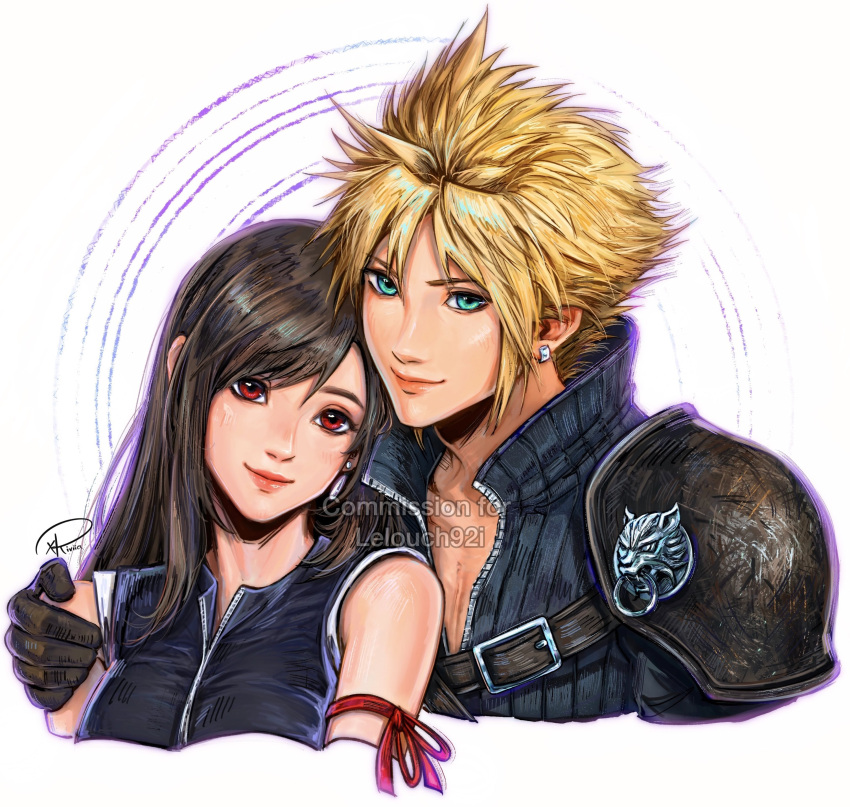 1boy 1girl absurdres arm_ribbon bare_shoulders black_gloves black_vest blue_eyes closed_mouth cloud_strife commentary commission couple cropped_torso earrings english_commentary final_fantasy final_fantasy_vii final_fantasy_vii_advent_children gloves hand_on_another's_shoulder head_tilt heads_together height_difference highres jewelry lips long_hair looking_at_viewer popped_collar red_eyes red_ribbon ribbed_shirt ribbon shirt short_hair signature single_earring single_shoulder_pad single_sidelock sleeveless sleeveless_shirt smile spiky_hair stud_earrings swept_bangs tank_top teardrop_earrings tifa_lockhart upper_body vest watermark white_tank_top xriviia zipper