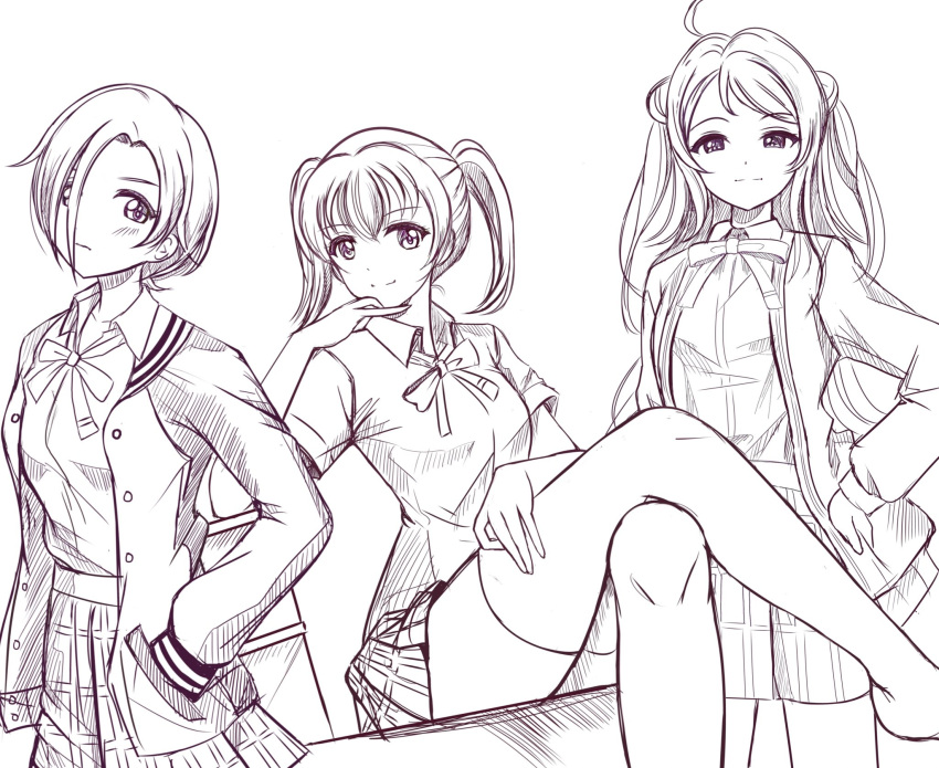 3girls character_request crossed_legs hair_over_eyes hands_in_pockets highres idolmaster long_sleeves looking_at_viewer monochrome multiple_girls nice_knee_socks_day plaid plaid_skirt school_uniform shirasaka_koume shirt short_hair skirt smile thigh-highs thighs white_background zaofeng