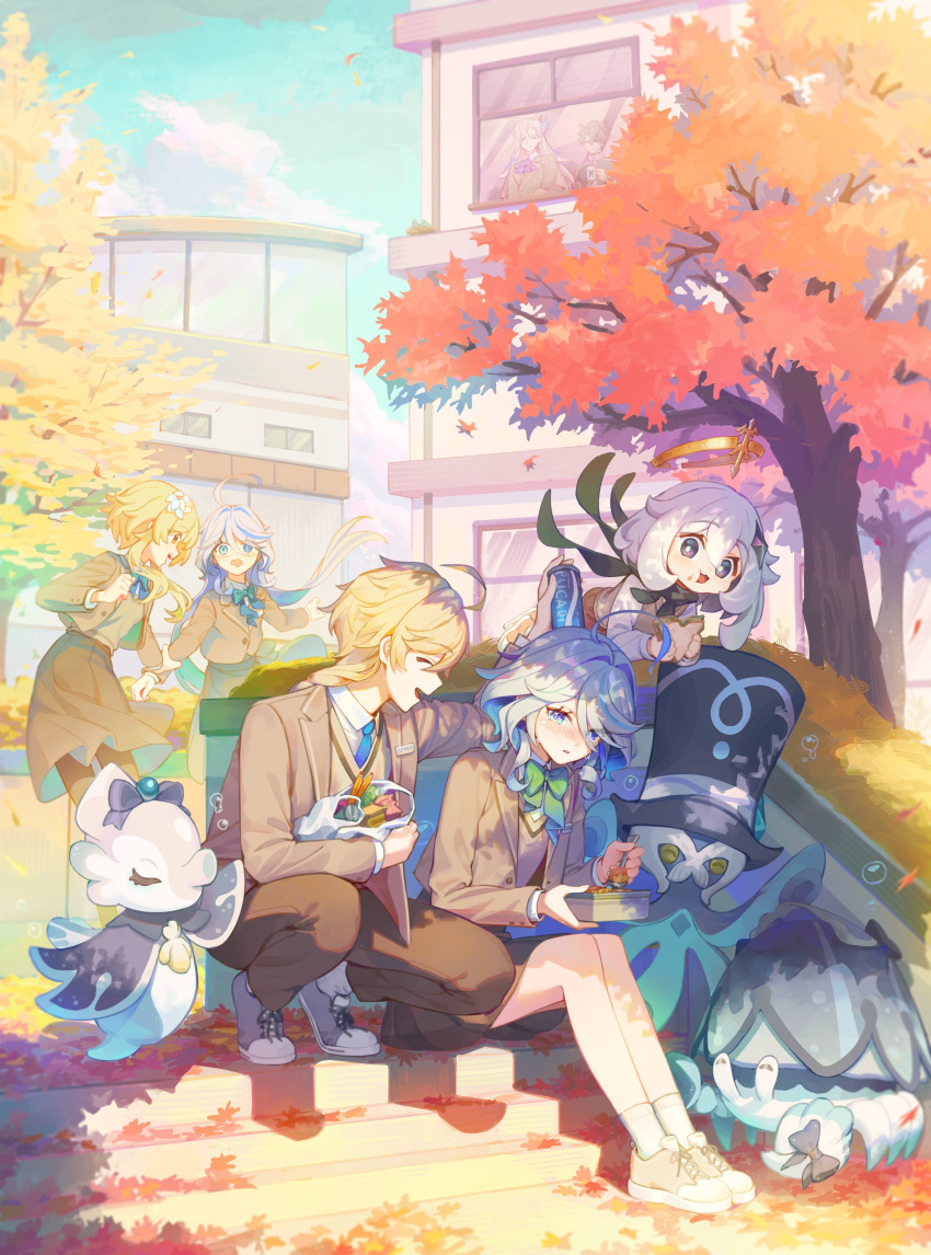1boy 4girls absurdres aether_(genshin_impact) ahoge alternate_costume arm_grab arm_up autumn_leaves bento black_scarf black_skirt blazer blonde_hair blue_bow blue_bowtie blue_eyes blue_gemstone blue_hair blue_necktie blue_skin blue_sky blush bow bowtie braid branch brother_and_sister brown_jacket brown_pants brown_pantyhose brown_skirt brown_vest bush buttons can closed_eyes clouds collared_jacket collared_shirt colored_skin creature crying crying_with_eyes_open crystal_hair_ornament day drop-shaped_pupils eating eyelashes flower flying focalors_(genshin_impact) food food_on_face furina_(genshin_impact) gem genshin_impact gentilhomme_usher grabbing green_bow green_bowtie grey_footwear grey_hair hair_between_eyes hair_flower hair_ornament halo hands_up heterochromia highres holding holding_bento holding_food holding_sandwich holding_spoon jacket leaf long_hair long_sleeves looking_at_another lumine_(genshin_impact) mademoiselle_crabaletta mechanical_halo mincho mismatched_pupils multicolored_hair multiple_girls necktie open_clothes open_jacket open_mouth orange_footwear outdoors package paimon_(genshin_impact) pants pantyhose sandwich scarf school shadow shirt shoes short_hair short_hair_with_long_locks siblings sidelocks sitting sitting_on_stairs skirt sky smile sneakers socks soda_can spoon stairs surintendante_chevalmarin symbol-shaped_pupils tears tongue tree two-tone_hair vest white_flower white_hair white_shirt white_socks window yellow_eyes