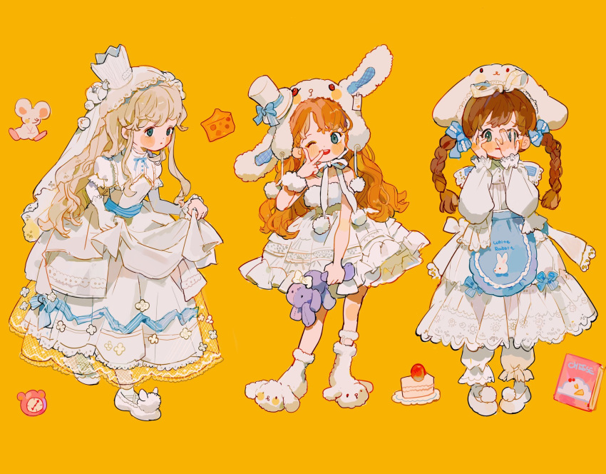 3girls alarm_clock animal_ear_hood animal_ears animal_print animal_slippers apron aqua_eyes back_bow bare_arms blonde_hair bloomers blue_apron blue_bow blush_stickers book bow braid brown_hair bunny_slippers buttons cake cake_slice cheese clock closed_mouth clothes_lift collar collared_dress commentary covering_face cross-laced_footwear crown detached_hood dress dress_lift elbow_gloves english_commentary eyelashes floppy_ears flower food frilled_collar frilled_sleeves frills frown full_body fur-trimmed_dress fur_socks fur_trim gloves hair_bow hair_flower hair_ornament hat hat_bow high_contrast highres holding holding_stuffed_toy lace-trimmed_bow lace_dress lace_trim layered_dress lifted_by_self lolita_fashion long_dress long_hair long_sleeves looking_ahead looking_at_viewer mini_crown mini_hat mini_top_hat multiple_girls neck_ribbon one_eye_closed open_mouth orange_hair original parted_lips plate pom_pom_(clothes) puffy_long_sleeves puffy_short_sleeves puffy_sleeves pump putong_xiao_gou rabbit_ears rabbit_print red_lips ribbon rose see-through_dress_layer short_dress short_sleeves sidelocks simple_background single_wrist_cuff sleeveless sleeveless_dress slippers smile socks straight-on stuffed_animal stuffed_rabbit stuffed_toy teeth top_hat twin_braids twintails upper_teeth_only v very_long_hair waist_apron wavy_hair wedding_dress white_bloomers white_bow white_dress white_flower white_footwear white_gloves white_headwear white_hood white_ribbon white_rose white_socks white_veil white_wrist_cuffs wrist_cuffs yellow_background
