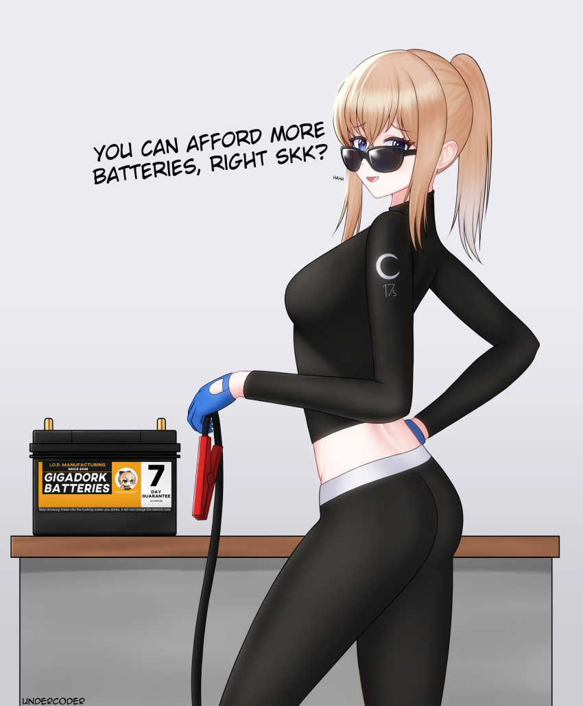 absurdres battery black_leggings blonde_hair blue_eyes blue_gloves cable english_commentary english_text feet_out_of_frame from_side girls_frontline gloves highres holding holding_cable leggings light_smile long_hair long_sleeves looking_at_another looking_at_viewer looking_to_the_side midriff open_mouth ots-14_(girls'_frontline) ponytail scar-h_(girls'_frontline) shirt standing sunglasses undercoder