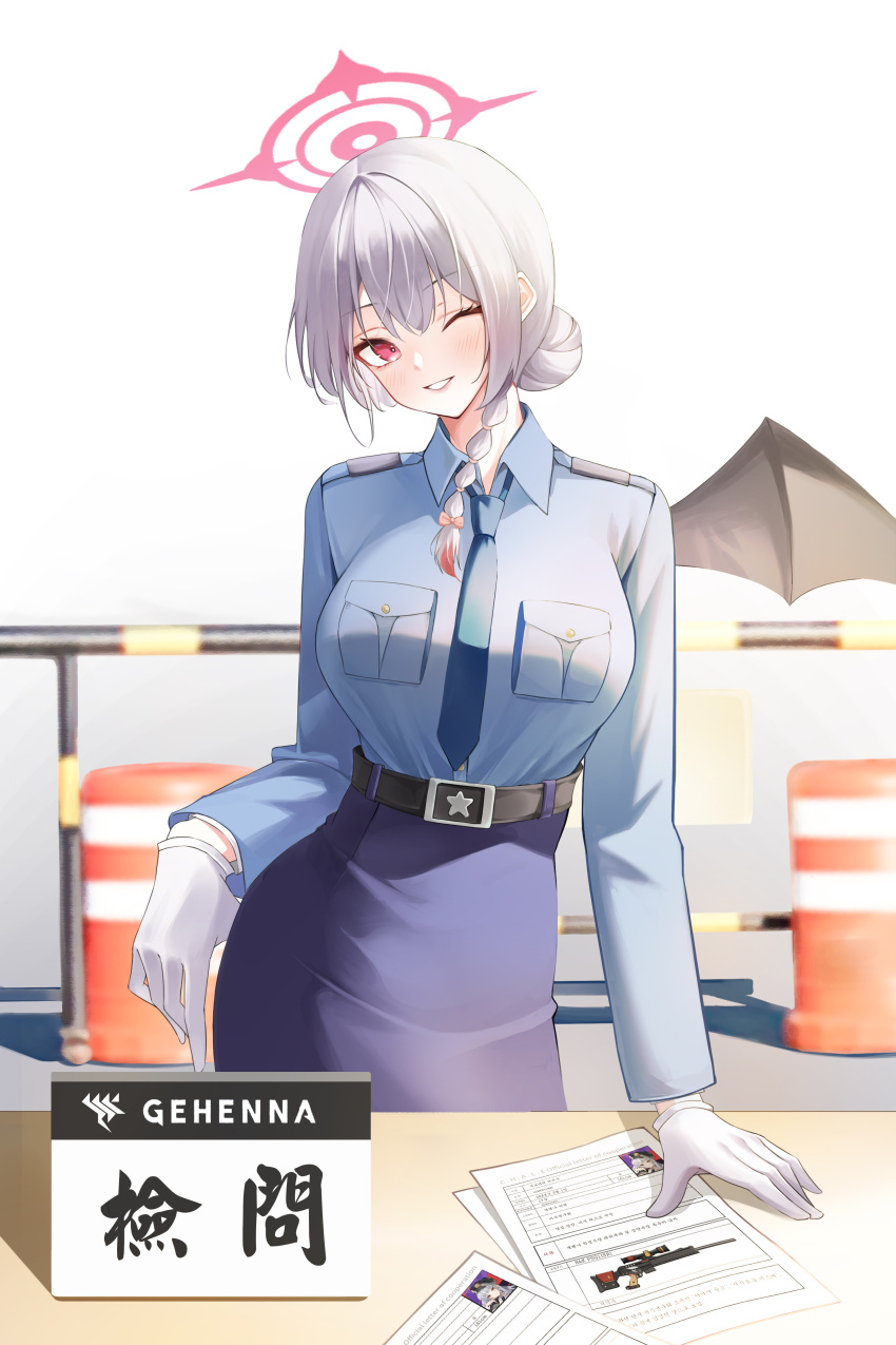 absurdres belt black_belt black_wings blue_archive blue_necktie blue_shirt breasts demon_wings gloves grey_hair halo haruna_(blue_archive) highres large_breasts necktie pink_halo police police_uniform policewoman red_eyes shirt shoulder_strap uniform white_gloves wings winterflower