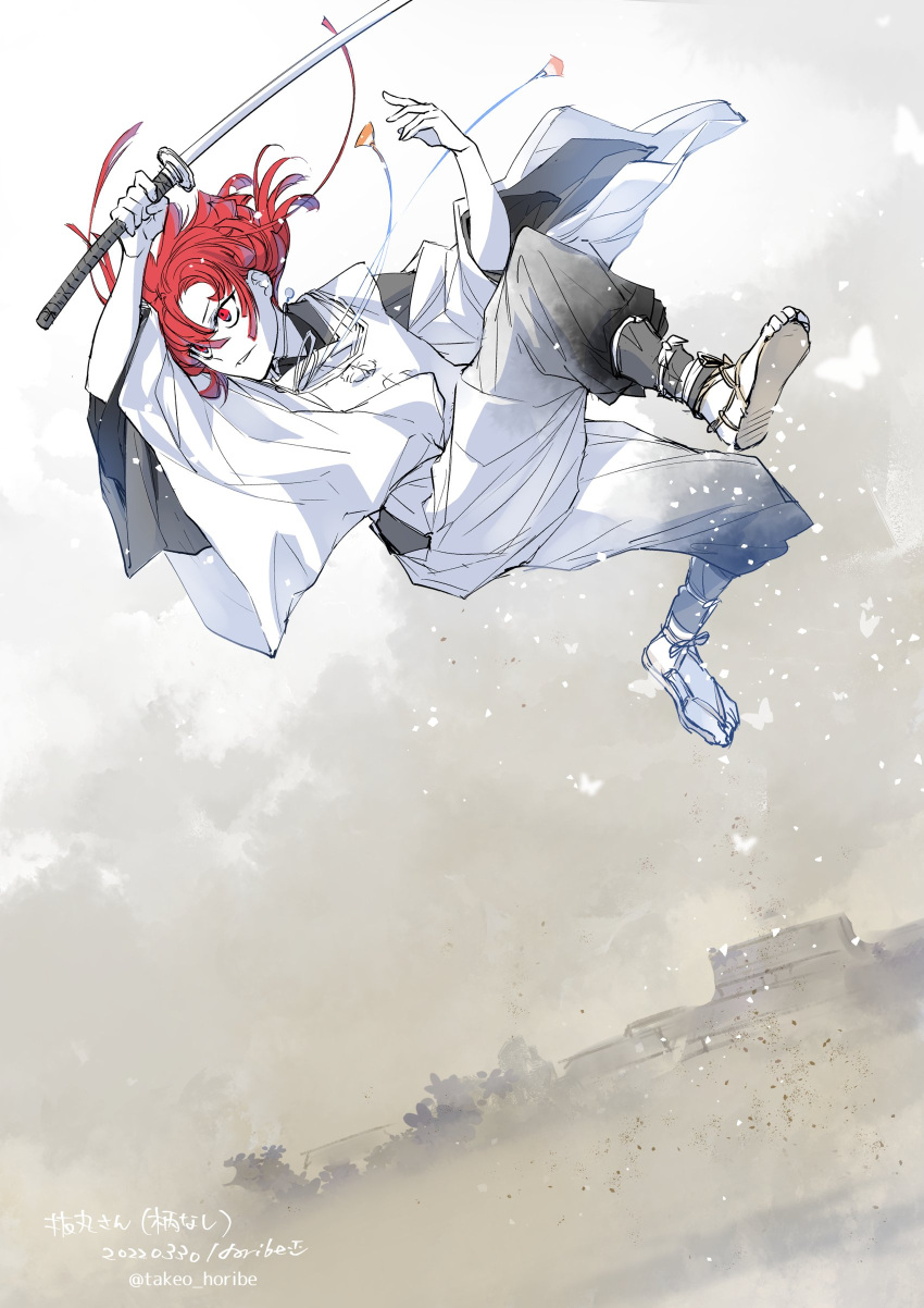 1boy absurdres bug butterfly dutch_angle floating_hair foot_up full_body gradient_clothes grey_kimono hair_between_eyes hair_floating_upwards hands_up highres japanese_clothes jumping kariginu kimono layered_clothes long_sleeves looking_to_the_side male_focus nukemaru_(touken_ranbu) outstretched_arms pants pants_tucked_in parted_lips puffy_pants red_eyes redhead robe shin_guards shoe_soles short_hair_with_long_locks solo string takeo_horibe touken_ranbu twitter_username waraji white_background white_pants white_robe
