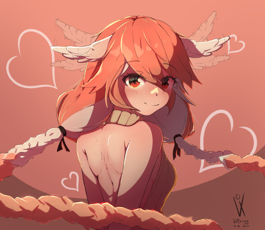 1girl backless_outfit bare_back english_commentary feathered_wings heart heart-shaped_pupils highres indie_virtual_youtuber long_hair looking_at_viewer motion_blur pillowdear pink_hair symbol-shaped_pupils vilferoy watermark wings