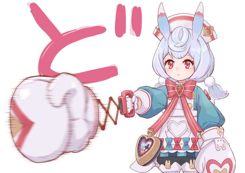 1girl animal_ears blue_bow blue_hair bow bowtie boxing_gloves comedy expressionless genshin_impact gloves hair_ornament hat heart highres long_sleeves low_twintails nocknocktt pom_pom_(clothes) pom_pom_hair_ornament red_bow red_bowtie red_eyes sigewinne_(genshin_impact) simple_background solo twintails white_background white_gloves