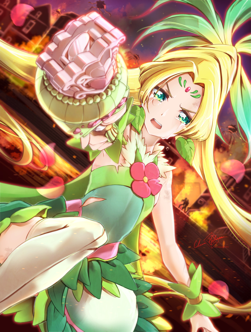 1girl agnete_(precure) baton blonde_hair city clear_glass_(mildmild1311) cure_oasis dress earrings fighting fire green_dress green_eyes hair_ornament highres jewelry leaf_earrings long_hair looking_at_viewer magical_girl open_mouth precure solo_focus tears thigh-highs torn_clothes tropical-rouge!_precure very_long_hair white_thighhighs