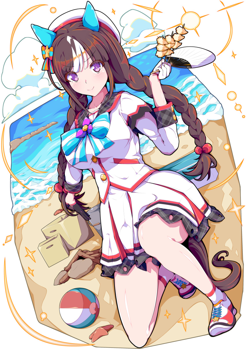 1girl absurdres animal_ears ball beachball beret black_hair breasts closed_mouth collarbone food full_body gloves hand_fan hat highres hokko_tarumae_(umamusume) horse_ears horse_girl horse_tail kan_lee large_breasts ocean paper_fan ribbon sand shoes simple_background smile solo sparkle tail thighs umamusume violet_eyes white_background