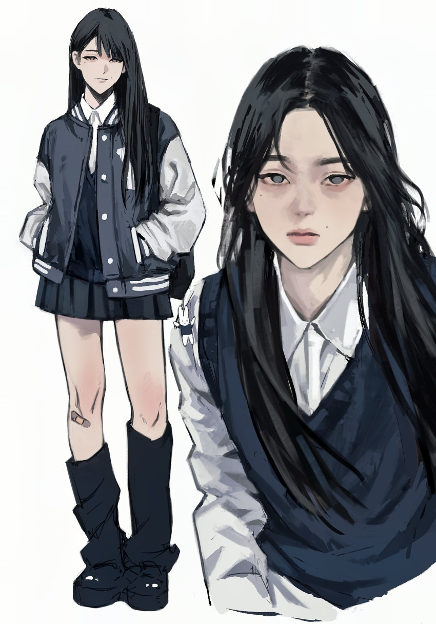 1girl bandaid bandaid_on_knee bandaid_on_leg black_footwear black_hair black_skirt closed_mouth expressionless grey_eyes hands_in_pockets highres jacket lee_q_p legs long_hair looking_at_viewer mole mole_above_mouth mole_under_eye multiple_views no_pupils original simple_background skirt standing white_background