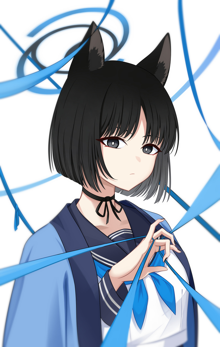 1girl absurdres animal_ears black_eyes black_hair black_nails black_sailor_collar blue_archive blue_halo blue_neckerchief cat_ears closed_mouth fingernails halo haori highres japanese_clothes kikyou_(blue_archive) long_sleeves looking_at_viewer nail_polish neckerchief sailor_collar school_uniform serafuku short_hair simple_background siranui_desu solo upper_body white_background