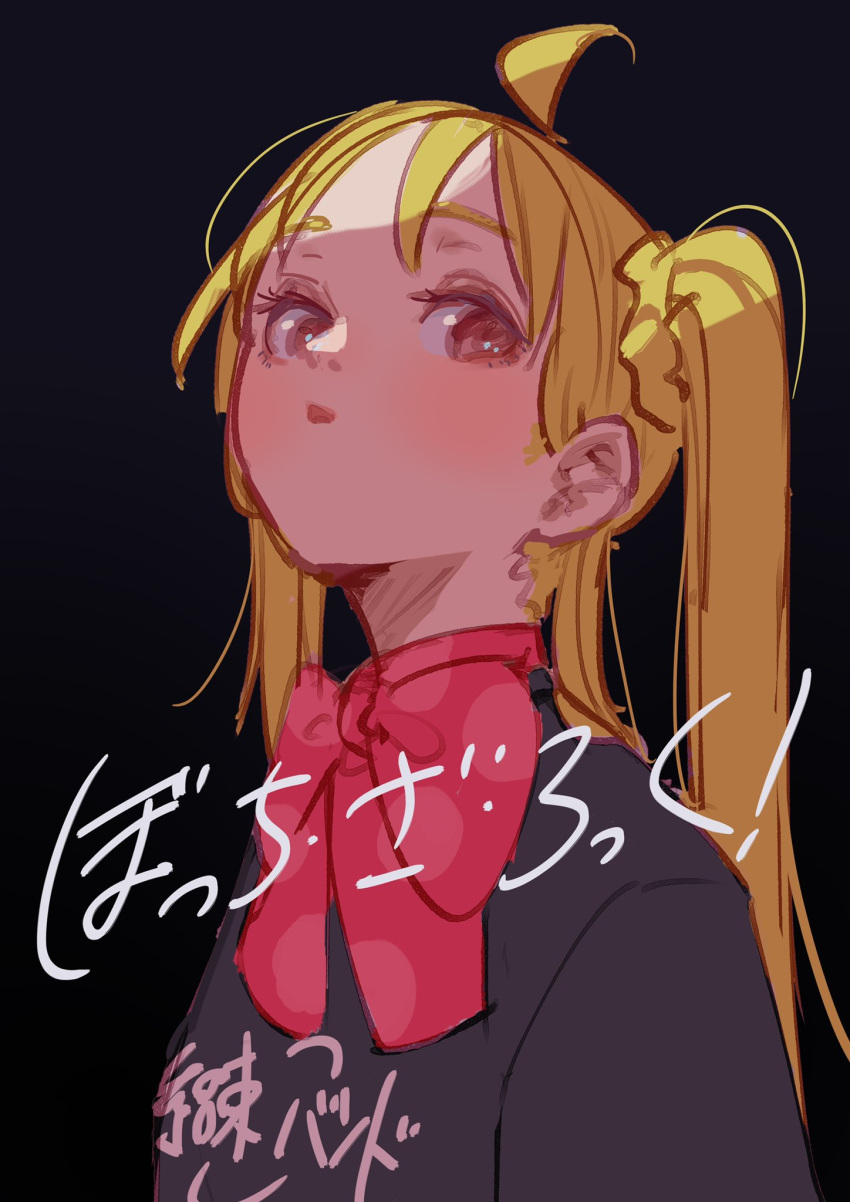 ahoge black_background black_shirt blonde_hair bocchi_the_rock! bow bowtie choppy_bangs copyright_name detached_ahoge highres ijichi_nijika long_hair looking_at_viewer parted_lips polka_dot_bowtie print_shirt re24 red_bow red_bowtie red_eyes shirt side_ponytail simple_background solo upper_body