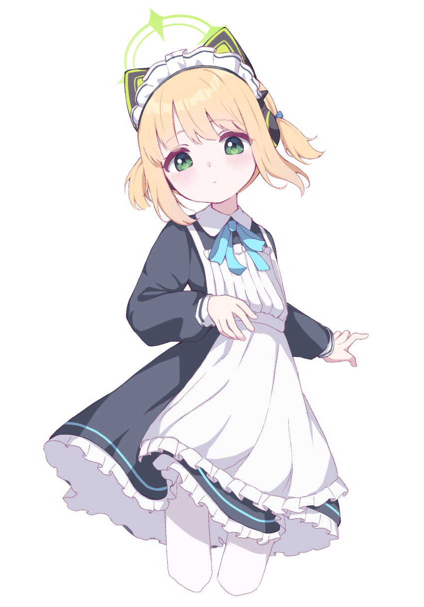 1girl animal_ear_headphones animal_ears apron black_dress blonde_hair blue_archive blush closed_mouth cram960 cropped_legs dress fake_animal_ears frilled_apron frilled_dress frills green_eyes green_halo halo headphones highres long_sleeves maid maid_headdress midori_(blue_archive) midori_(maid)_(blue_archive) official_alternate_costume pantyhose short_hair simple_background solo white_apron white_background white_pantyhose