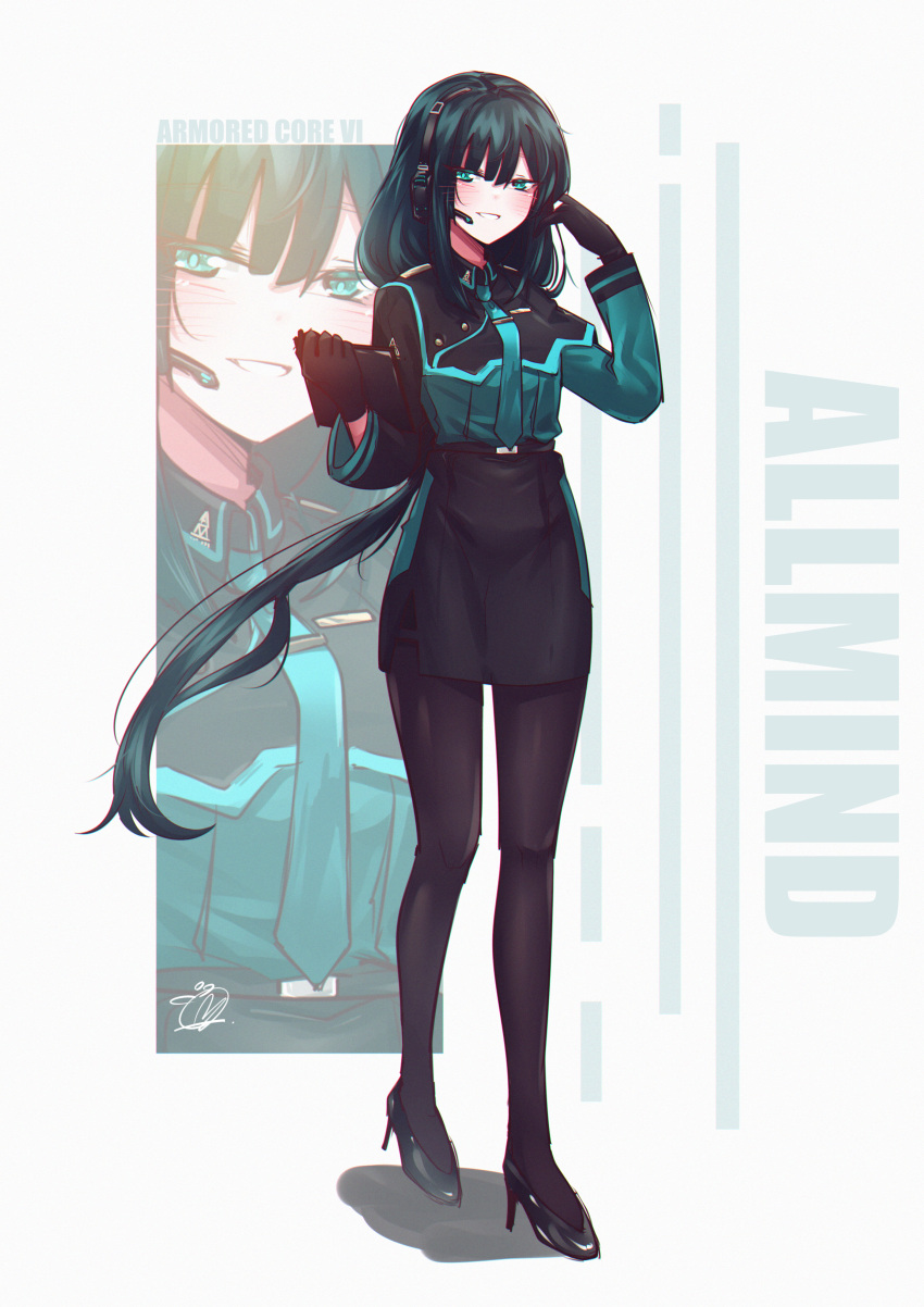 1girl absurdres allmind_(armored_core_6) aqua_eyes aqua_necktie aqua_shirt armored_core armored_core_6 belt black_belt black_footwear black_gloves black_pantyhose black_shirt black_skirt blush character_name clipboard full_body gloves green_hair headset high_heels highres holding holding_clipboard long_hair looking_at_viewer mizzterbii multicolored_shirt necktie pantyhose personification shadow shirt signature skirt smile solo very_long_hair