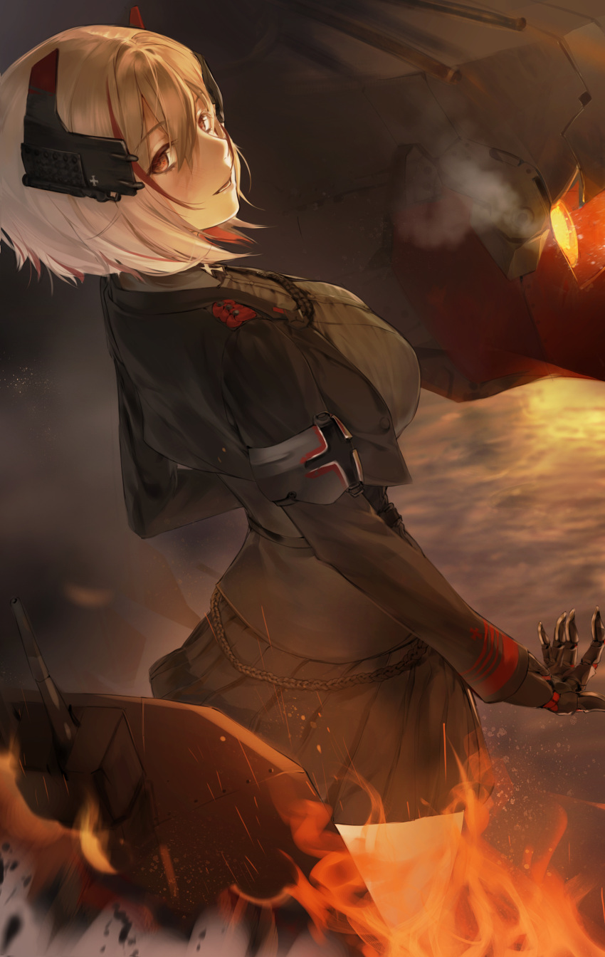 1girl absurdres azur_lane black_dress black_jacket black_skirt blonde_hair breasts cropped_jacket cross dress evil_smile from_side hair_between_eyes headgear highres iron_cross jacket large_breasts long_sleeves looking_at_viewer looking_to_the_side mechanical_hands military_uniform multicolored_hair open_clothes open_jacket open_mouth pleated_skirt red_eyes redhead roon_(azur_lane) short_hair skirt smile solo streaked_hair tanxing_jiu uniform water