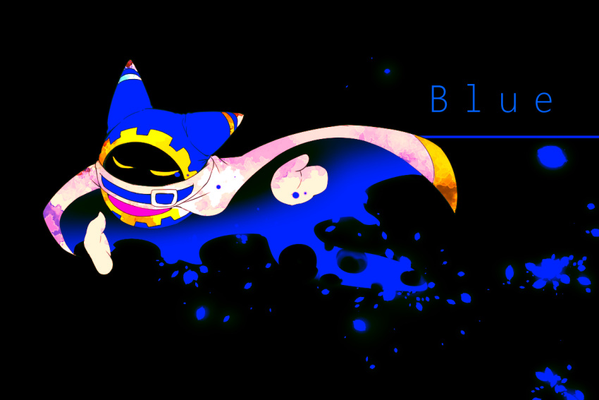 1boy animal_ears belt belt_buckle belt_collar black_background blue_belt blue_cape blue_hood buckle cape cape_lift closed_eyes collar colorful commentary_request covered_mouth disembodied_limb english_text gear_print gloves kirby_(series) magolor no_humans outstretched_hand paint_splatter paint_splatter_on_face scarf shirushiki simple_background solo two-sided_cape two-sided_fabric white_cape white_gloves white_scarf