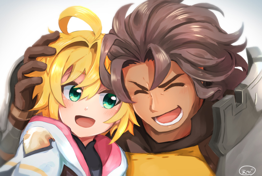 armor blonde_hair blush brown_hair capelet closed_eyes commentary_request dragalia_lost ebi_(hachikunperoi) euden green_eyes hand_on_another's_head heads_together hood hood_down hooded_capelet laughing looking_at_another open_mouth pauldrons ranzal_(dragalia_lost) shoulder_armor signature white_background