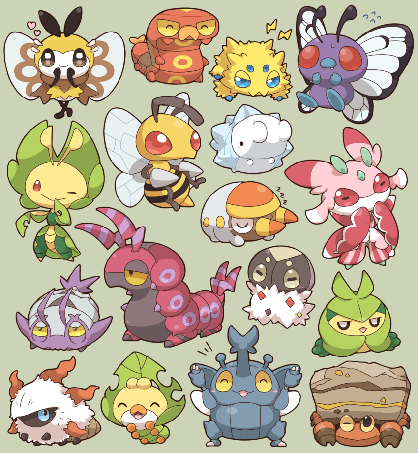 2027_(submarine2027) ^_^ antennae arms_up beedrill black_eyes blue_eyes blush brown_eyes butterfree claws closed_eyes closed_mouth colored_sclera commentary_request crustle fangs flying_sweatdrops green_background grubbin hand_up hands_up heart heracross highres jitome joltik larvesta leavanny lightning_bolt_symbol looking_at_viewer lurantis no_humans one_eye_closed open_mouth pokemon pokemon_(creature) red_eyes ribombee scolipede sewaddle simple_background sizzlipede sleeping smile snom solid_circle_eyes spewpa swadloon u_u v-shaped_eyebrows wimpod yellow_sclera zzz