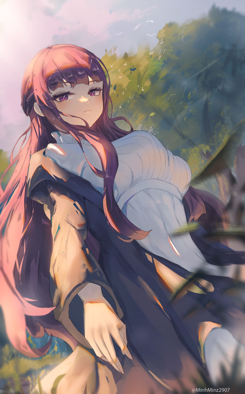 1girl absurdres artist_name black_coat blunt_bangs breasts closed_mouth coat cowboy_shot dress dutch_angle english_commentary fern_(sousou_no_frieren) highres large_breasts long_hair long_sleeves minz_(minh_nguyen) purple_hair solo sousou_no_frieren sunset tree violet_eyes white_dress