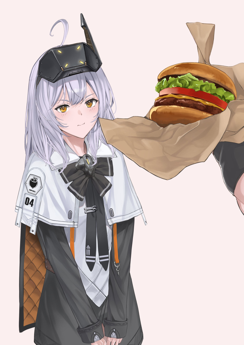 2girls absurdres ahoge blush burger cheese cloak female_pov food gloves goddess_of_victory:_nikke head-mounted_display highres holding holding_food jacket lettuce long_hair long_sleeves looking_at_viewer multiple_girls phinease pout pov pov_hands red_hood_(nikke) snow_white:_innocent_days_(nikke) snow_white_(nikke) tomato tomato_slice white_cloak white_hair yellow_eyes