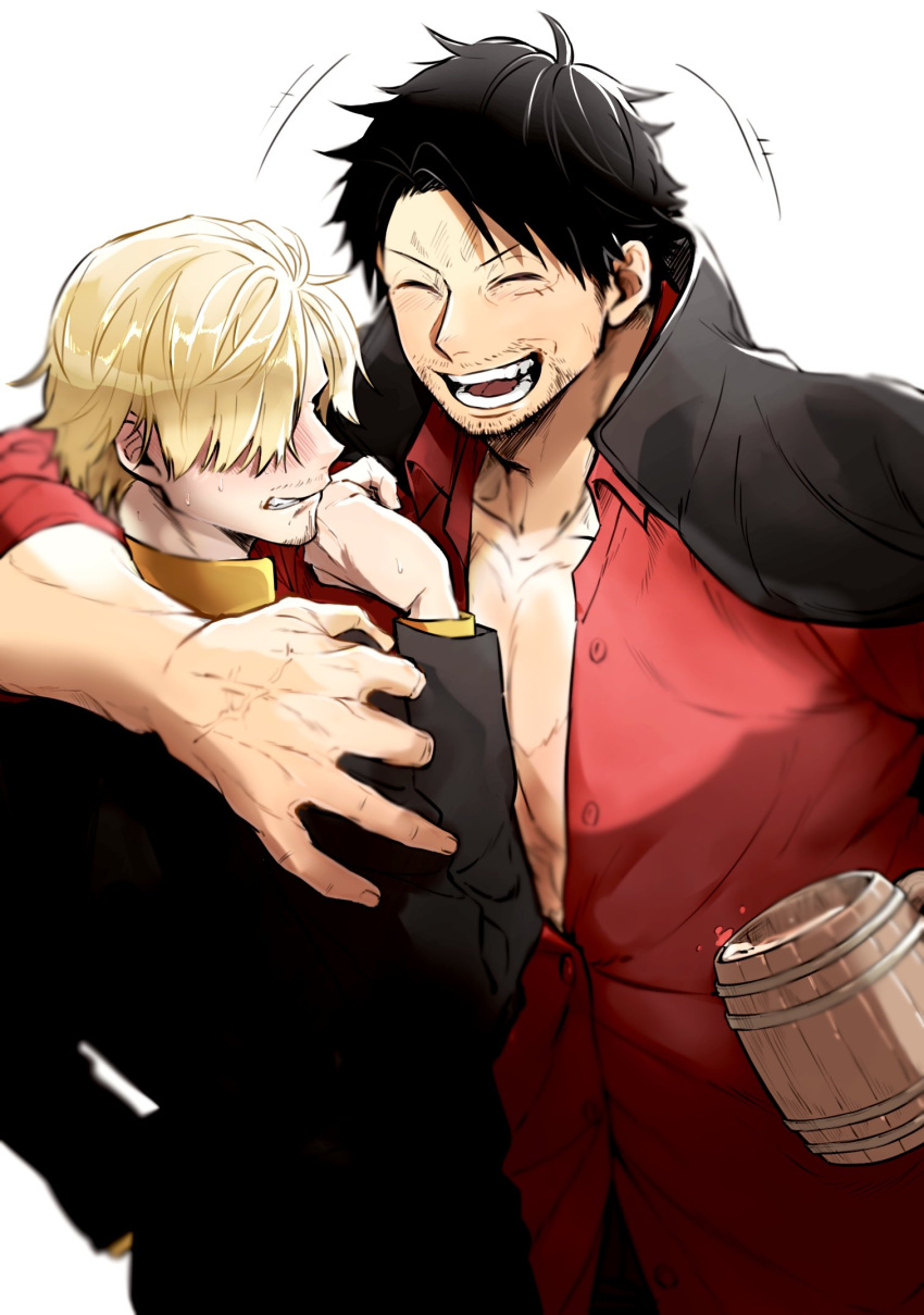 2boys aged_up alcohol beer blonde_hair blush from_behind goatee_stubble goma1132 hair_over_one_eye happy highres large_hands large_pectorals laughing male_focus mature_male monkey_d._luffy multiple_boys muscular muscular_male mustache_stubble one_piece partially_unbuttoned pectoral_cleavage pectorals sanji_(one_piece) shirt short_hair time_paradox upper_body