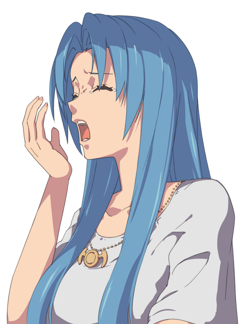 1girl ancient_ys_vanished blue_background blue_hair border chiharu_(9654784) closed_eyes collarbone commentary_request curtained_hair feena_(ys) highres jewelry long_hair necklace open_mouth portrait sidelocks simple_background solo tears teeth upper_body white_background white_border yawning ys