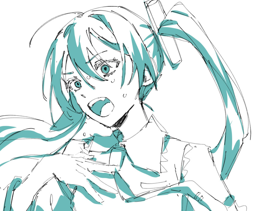 1girl blue_eyes blue_hair blue_theme collared_shirt commentary_request hand_on_own_chest hatsune_miku highres limited_palette long_hair nijikun open_mouth shirt sleeveless sleeveless_shirt solo sweat twintails vocaloid white_background