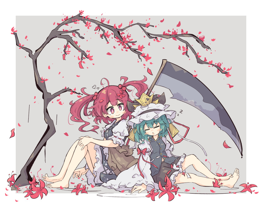 2girls bare_tree barefoot black_skirt closed_eyes closed_mouth commentary flower frilled_skirt frills full_body green_hair hair_bobbles hair_ornament highres looking_at_viewer multiple_girls onozuka_komachi primsla red_eyes red_flower shiki_eiki short_hair sitting skirt smile spider_lily touhou tree two_side_up