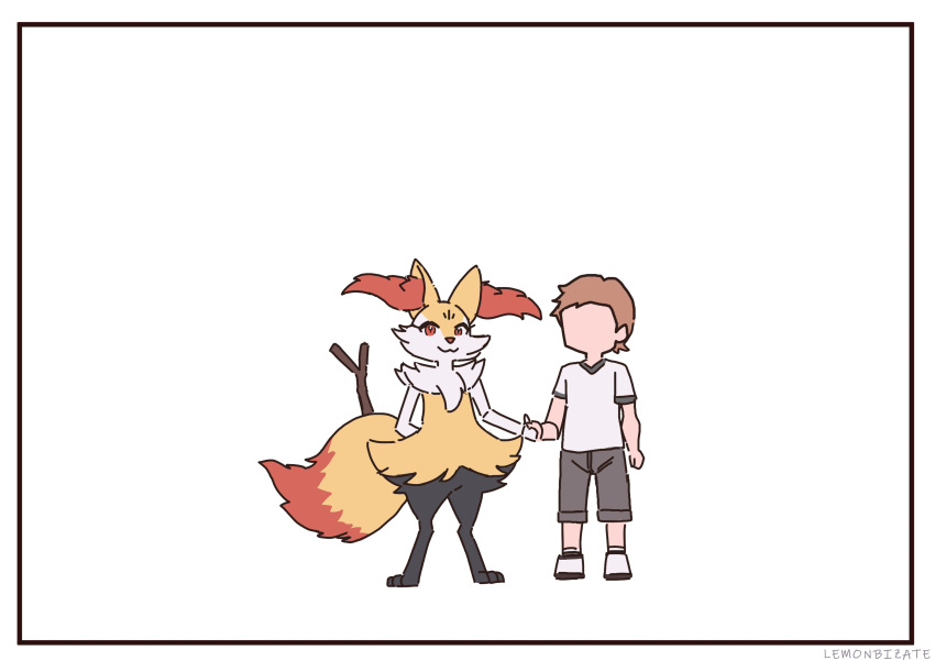 1boy 1girl absurdres animal_ear_fluff animal_ears animal_nose black_fur body_fur braixen faceless faceless_male fox_ears fox_girl fox_tail furry furry_female highres holding_hands looking_at_viewer pokemon pokemon_(creature) pokemon_xy red_eyes simonbutt6 simple_background smile snout standing stick tail white_background white_fur yellow_fur