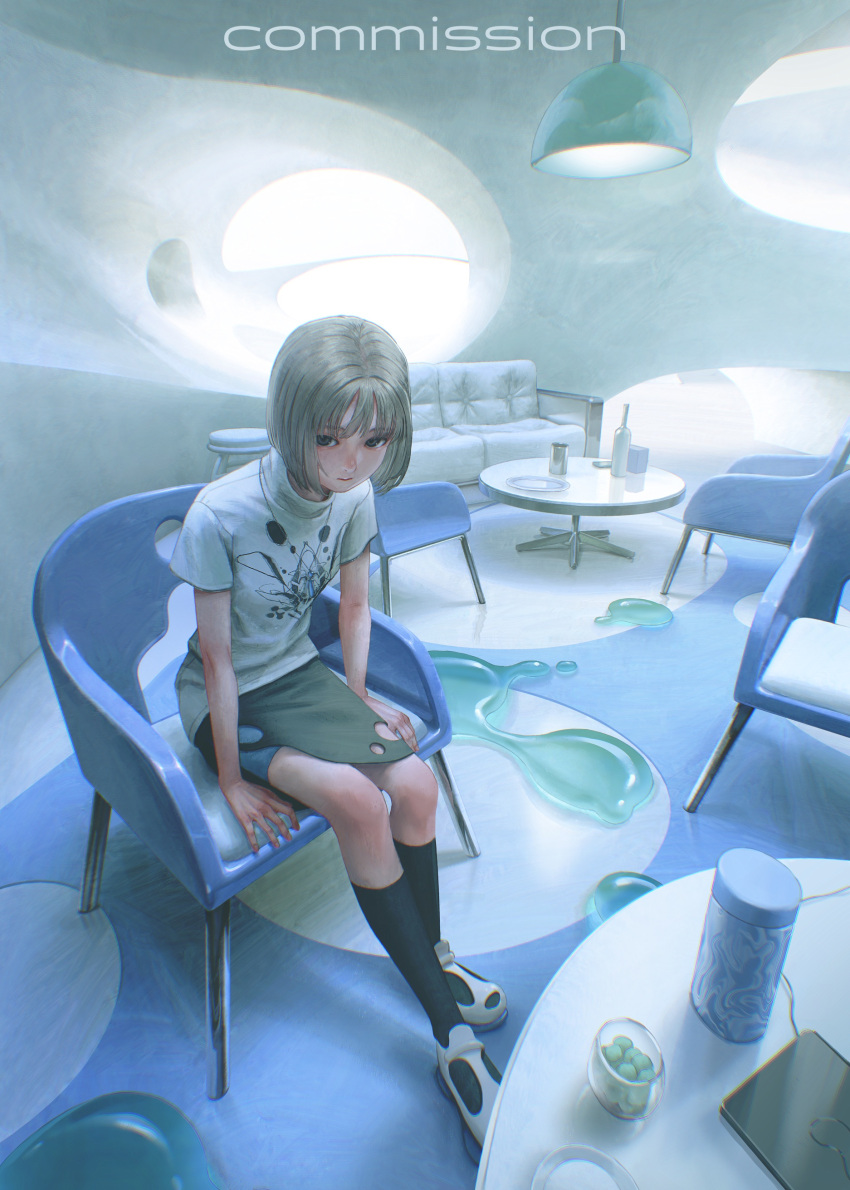 1girl absurdres arm_support black_socks blonde_hair chair closed_mouth commission highres jewelry kanikumi_toi necklace original print_shirt shirt short_hair short_sleeves sitting skirt socks solo surreal white_footwear white_shirt