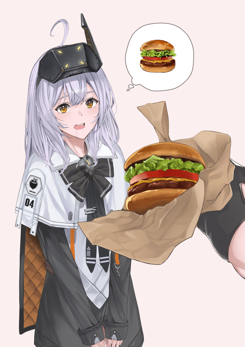 2girls absurdres ahoge blush burger cheese cloak drooling female_pov food gloves goddess_of_victory:_nikke head-mounted_display highres holding holding_food imagining jacket lettuce long_hair long_sleeves looking_at_viewer multiple_girls open_mouth phinease pov pov_hands red_hood_(nikke) snow_white:_innocent_days_(nikke) snow_white_(nikke) thought_bubble tomato tomato_slice white_cloak white_hair yellow_eyes