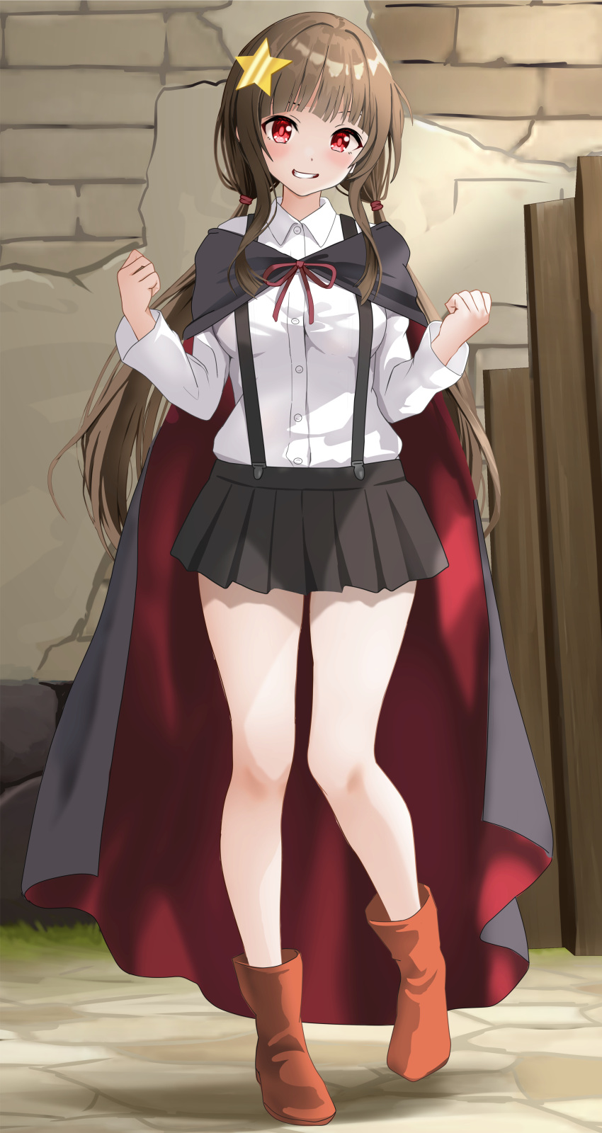 1girl absurdres aged_up black_cape black_skirt blunt_bangs blunt_ends blush boots breasts brown_footwear brown_hair cape clenched_hands collared_shirt colored_eyelashes commentary commission day dress_shirt eyebrows_hidden_by_hair full_body gibun_(sozoshu) grin hair_ornament hands_up happy highres komekko kono_subarashii_sekai_ni_shukufuku_wo! long_hair long_sleeves looking_at_viewer low_twintails medium_breasts miniskirt outdoors pleated_skirt red_eyes red_ribbon ribbon school_uniform shirt sidelighting sidelocks skirt smile solo standing star_(symbol) star_hair_ornament suspender_skirt suspenders tachi-e twintails very_long_hair w_arms white_shirt