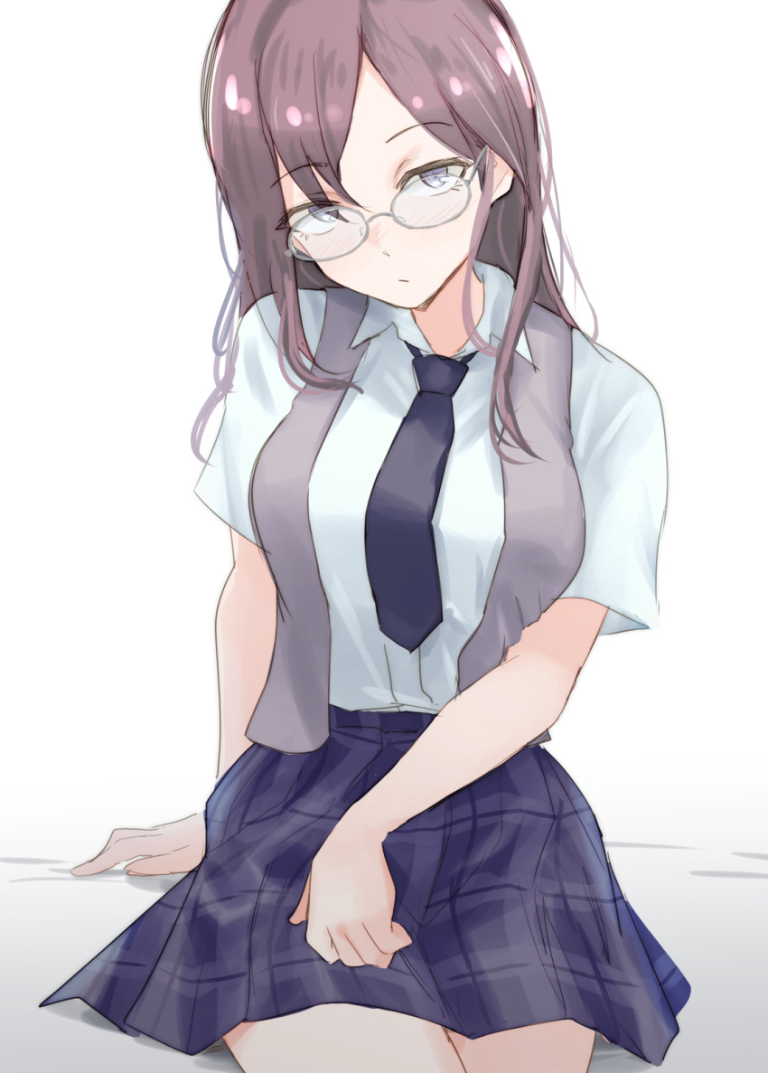 1girl arm_support blue_necktie blue_shirt blue_skirt blush breasts brown_hair dot_nose glasses grey-framed_eyewear grey_eyes highres idolmaster idolmaster_cinderella_girls idolmaster_cinderella_girls_starlight_stage large_breasts lips long_hair looking_at_viewer necktie plaid plaid_skirt pleated_skirt shirt short_sleeves simple_background sitting skirt solo unu_(unucence) white_background yagami_makino