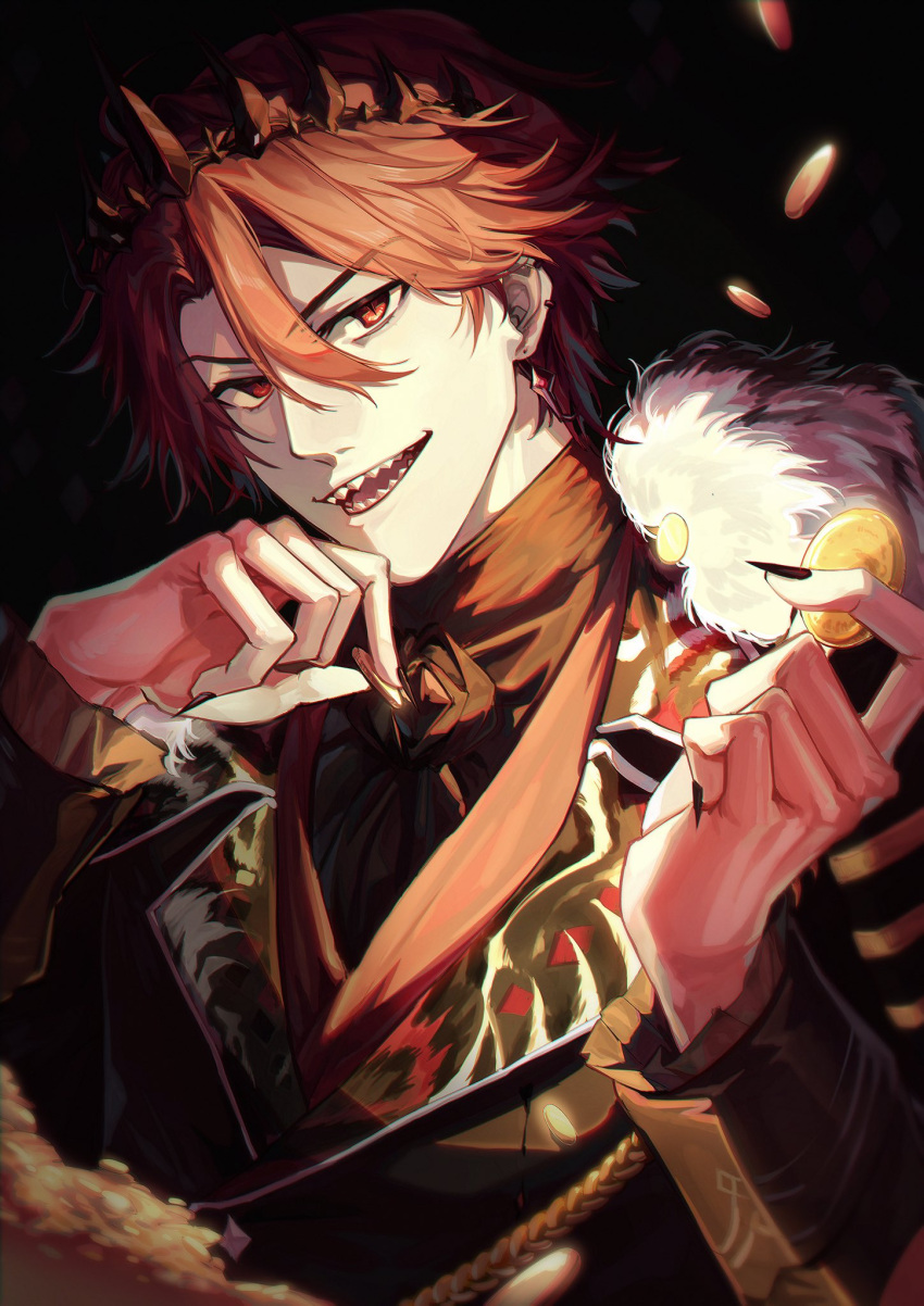 1boy black_background black_shirt brooch coin collared_jacket crown earrings fingernails frilled_sleeves frills fur-trimmed_jacket fur_trim hair_between_eyes highres holding holding_coin holostars holostars_english jacket jewelry jurard_t_rexford long_sleeves looking_at_viewer male_focus nori48420550 open_mouth red_eyes redhead sharp_fingernails sharp_teeth shirt slit_pupils solo teeth upper_body virtual_youtuber white_fur