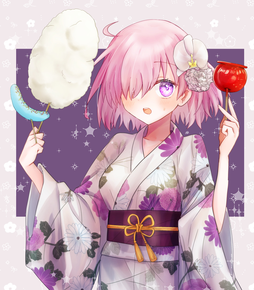 1girl absurdres blush candy_apple commentary_request cotton_candy fate/grand_order fate_(series) flower food hair_flower hair_ornament hair_over_one_eye harukappa highres holding holding_food japanese_clothes kimono looking_at_viewer mash_kyrielight obi one_eye_covered pink_hair pink_kimono sash short_hair solo violet_eyes wide_sleeves yukata