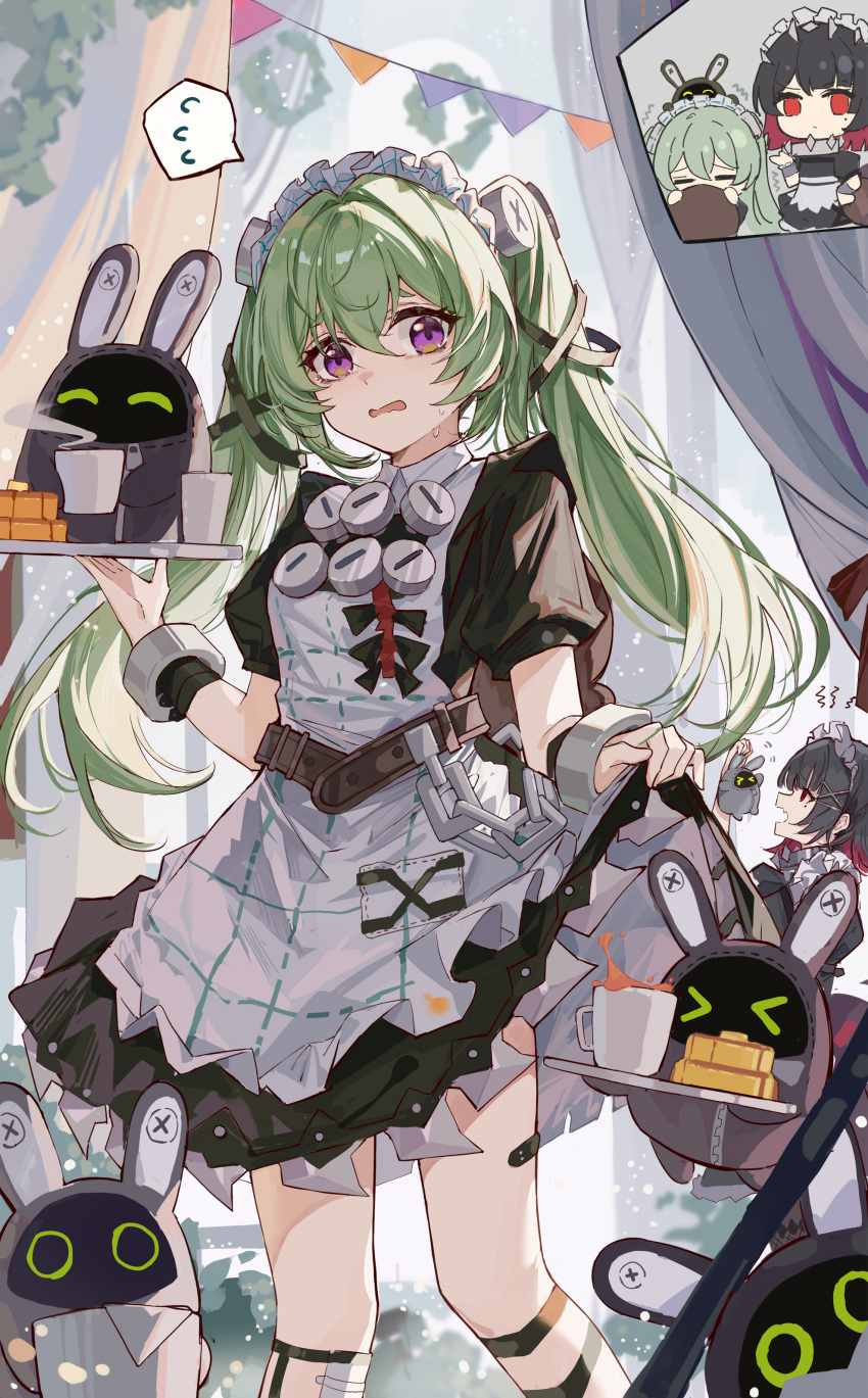 2girls absurdres apron black_dress black_hair clothes_lift corin_wickes dress dress_lift ellen_(zenless_zone_zero) grey_hair highres knee_strap long_hair looking_at_viewer maid maid_apron maid_headdress mole mole_under_eye multicolored_hair multiple_girls multiple_views nervous open_mouth red_eyes redhead short_hair short_sleeves solo_focus standing sweatdrop thick_eyebrows twintails two-tone_hair violet_eyes white_apron yajuu zenless_zone_zero