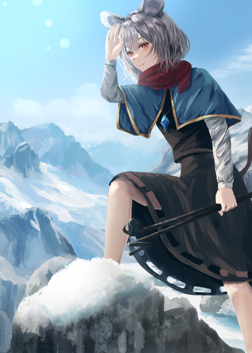 1girl animal_ears blue_capelet capelet closed_mouth commentary_request crystal day dowsing_rod feet_out_of_frame grey_hair grey_skirt grey_vest highres hiking holding jewelry kisuke1212 layered_clothes lens_flare long_sleeves looking_at_viewer medium_bangs mountain mountainous_horizon mouse_ears mouse_girl mouse_tail nazrin orange_eyes outdoors pendant red_scarf scarf shading_eyes shirt short_hair skirt skirt_set smile snow solo sunlight tail touhou vest white_shirt