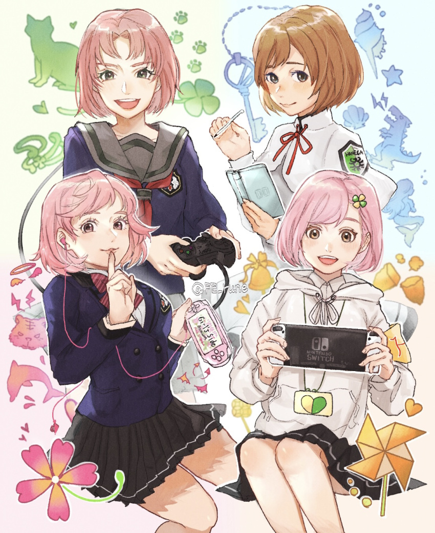 4girls :d angel_wings badge black_skirt blazer blue_jacket blue_shirt bob_cut brown_eyes brown_hair cable capelet cat closed_mouth clover collared_shirt dolphin drawstring dress earphones fe_rune finger_to_mouth flower four-leaf_clover green_eyes grey_dress grey_eyes grey_sailor_collar habataki_academy_school_uniform hair_ornament hairclip halo handheld_game_console hands_up hanegasaki_academy_school_uniform heart highres holding holding_handheld_game_console holding_stylus hood hood_down hoodie in-franchise_crossover index_finger_raised invisible_chair jacket jewelry key key_necklace looking_at_viewer mermaid miniskirt monster_girl multiple_girls necklace nintendo_ds nintendo_switch parted_bangs paw_print pendant pink_eyes pink_flower pink_hair pinwheel playstation_portable pleated_skirt product_placement protagonist_(tokimemo_gs) protagonist_(tokimemo_gs2) protagonist_(tokimemo_gs3) protagonist_(tokimemo_gs4) ring sailor_collar school_uniform seashell serafuku shell shirt shushing simple_background sitting skirt smile stylus swept_bangs tiger tokimeki_memorial tokimeki_memorial_girl's_side tokimeki_memorial_girl's_side_2nd_kiss tokimeki_memorial_girl's_side_3rd_story tokimeki_memorial_girl's_side_4th_heart white_capelet white_hoodie white_shirt wings