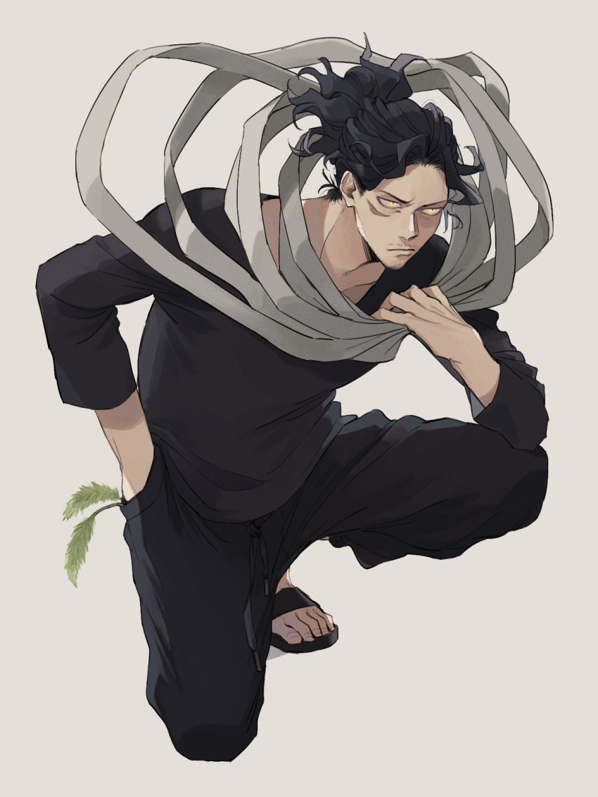 1boy black_pants black_shirt boku_no_hero_academia cattail eraser_head_(boku_no_hero_academia) facial_hair full_body grey_background grey_scarf hand_in_pocket highres male_focus messy_hair mustache on_one_knee pants plant rnuyvm sandals scar scar_on_face scarf scarf_grab shirt simple_background solo sparse_stubble toenails yellow_eyes
