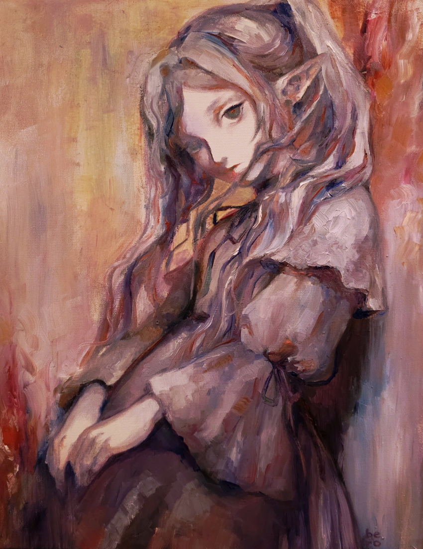1girl absurdres against_wall capelet commentary cowboy_shot english_commentary expressionless frieren from_side green_eyes grey_hair head_tilt highres leaning long_hair long_sleeves looking_at_viewer oil_painting_(medium) own_hands_together painterly painting_(medium) pointy_ears red_theme ribbon signature solo sousou_no_frieren standing svveetberry traditional_media wide_sleeves