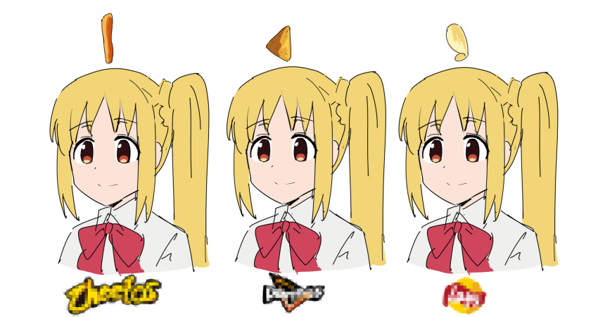 1girl blonde_hair bocchi_the_rock! bow censored cheetos chips_(food) doritos food highres ijichi_nijika lay's_(potato_chips) long_hair mosaic_censoring potato_chips red_bow red_eyes shirt side_ponytail sidelocks simple_background smile solo tenten_(chan4545) upper_body variations white_background white_shirt