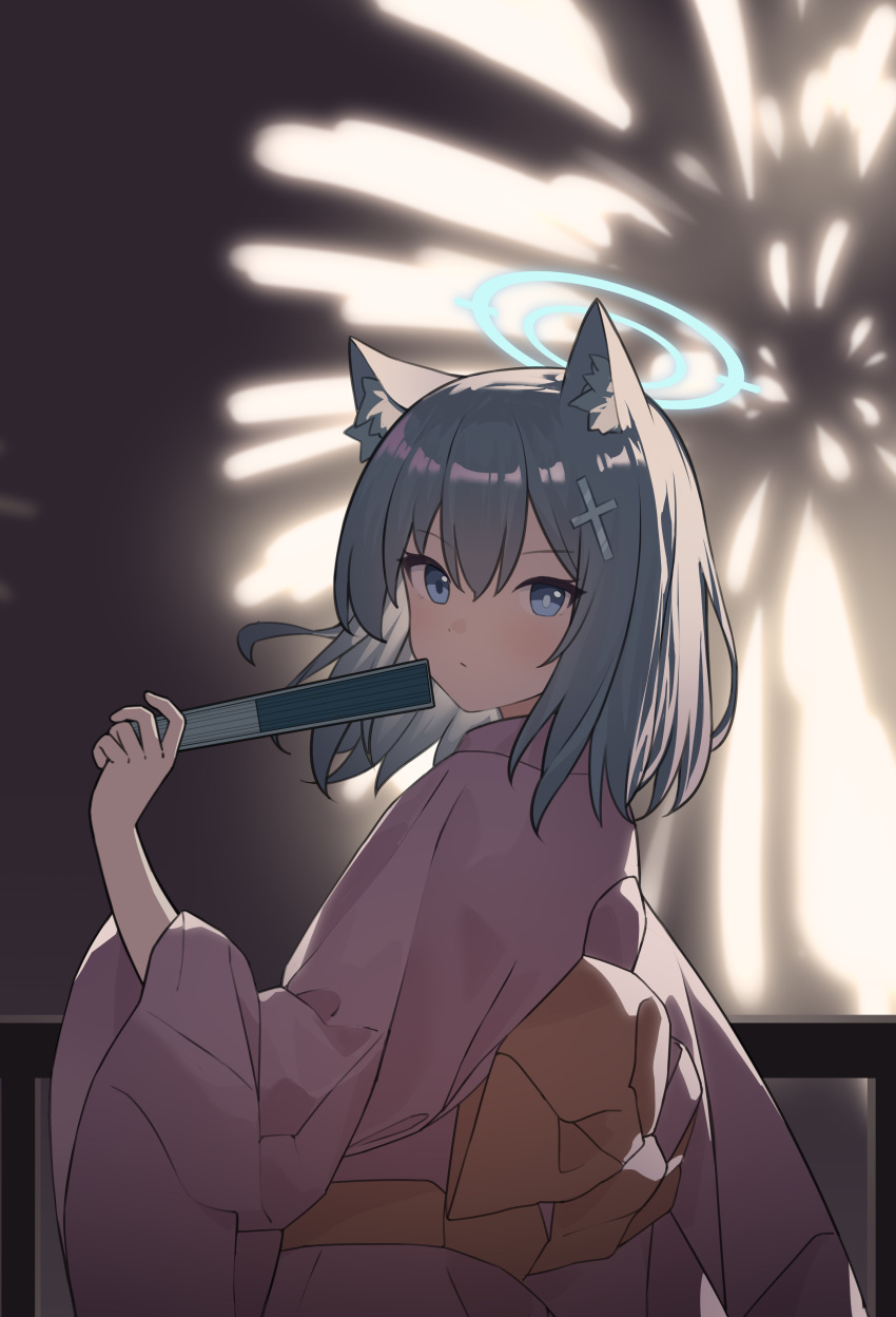 1girl absurdres alternate_costume animal_ear_fluff animal_ears blue_archive blue_eyes blue_halo bright_pupils closed_mouth commentary_request cross_hair_ornament fireworks folding_fan from_behind grey_hair hair_ornament halo hand_fan highres holding holding_fan japanese_clothes kimono light_blush long_sleeves mismatched_pupils nagisa_(cxcx5235) night night_sky obi pink_kimono sash shiroko_(blue_archive) short_hair sky upper_body white_pupils wide_sleeves wolf_ears