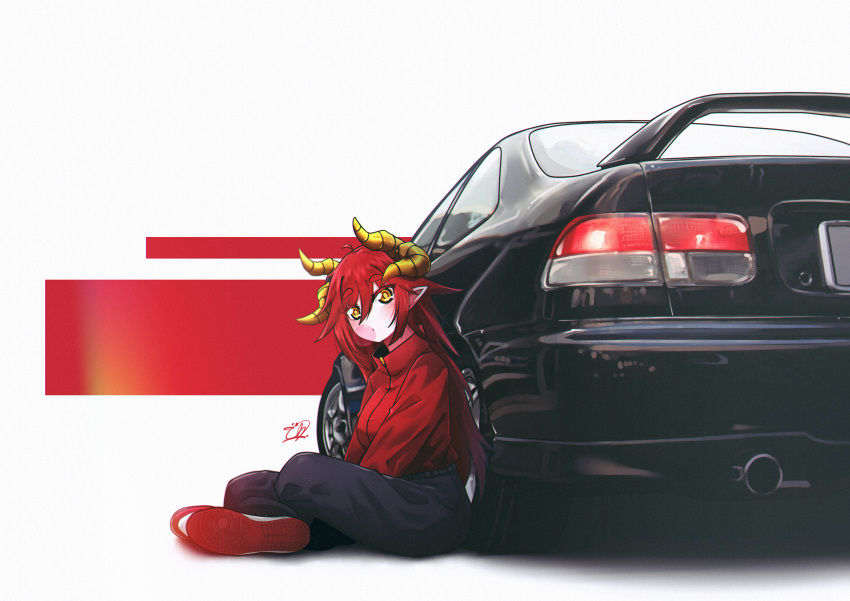 1girl absurdres black_pants blush breasts brown_eyes car chewing_gum commentary hair_behind_ear head_tilt highres honda honda_civic horns indian_style jacket long_hair looking_at_viewer medium_breasts mizzterbii motor_vehicle original pants pointy_ears red_footwear red_jacket redhead shoes signature sitting sneakers spoiler_(automobile) sweatpants symbol-only_commentary very_long_hair