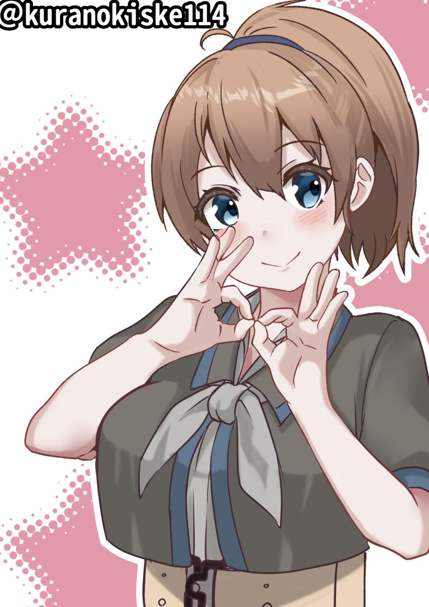 1girl belt black_shirt blue_eyes breasts brown_hair commentary_request double_ok_sign grey_neckerchief highres intrepid_(kancolle) kantai_collection kurano_kisuke large_breasts looking_at_viewer neckerchief one-hour_drawing_challenge ponytail shirt short_hair smile solo twitter_username upper_body