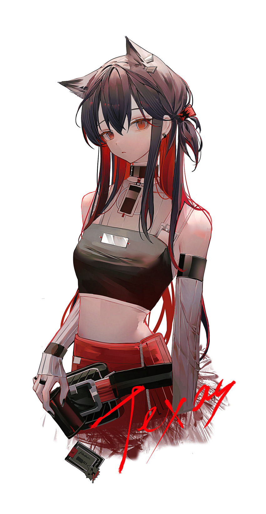 0_(znanimo) 1girl absurdres alternate_costume animal_ear_fluff animal_ears arknights bare_shoulders belt belt_buckle belt_choker belt_pouch black_belt black_choker black_hair black_nails black_pouch black_shirt breasts buckle character_name choker circle_cutout closed_mouth clothing_cutout collared_shirt colored_inner_hair commentary cowboy_shot crop_top cropped_legs cropped_shirt detached_sleeves double-parted_bangs earclip expressionless extra_ears eyelashes fingernails from_side hair_between_eyes hair_flowing_over hair_ornament hairclip head_tilt high_collar highres holding id_card jewelry long_fingernails long_hair long_sleeves looking_at_viewer low_ponytail low_side_ponytail medium_breasts midriff multicolored_hair multicolored_shirt multiple_rings nail_polish no_navel pants parted_bangs ponytail pouch red_eyes red_pants red_theme redhead ring shirt short_ponytail side_ponytail sidelocks sideways sideways_glance simple_background sleeveless sleeveless_shirt sleeves_past_wrists solo standing stomach striped striped_shirt symbol-only_commentary texas_(arknights) two-tone_hair two-tone_shirt vertical-striped_shirt vertical-striped_sleeves vertical_stripes very_long_hair white_background white_belt white_shirt white_sleeves wolf_ears wolf_girl