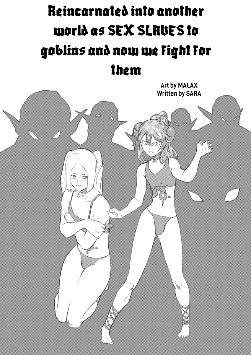 1girl absurdres bad_tag black_hair cover cover_page demon_boy demon_horns elf futanari gojin highres horns imminent_rape kotobuki_yuuto manga_cover monochrome multiple_boys newhalf nitori_ryou original otoko_no_ko pointy_ears reincarnated_into_another_world_as_sex_slaves_to_goblins_and_now_we_fight_for_them self-upload stomach_tattoo tattoo