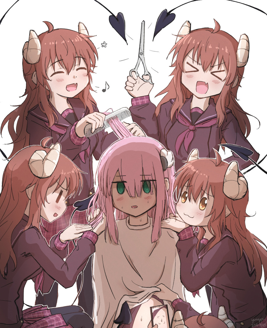 &gt;_&lt; 2023 2girls :3 :d @_@ ^_^ absurdres ahoge alternate_costume black_pantyhose black_shirt blunt_ends blush brown_eyes brushing_hair casual chiyoda_momo closed_eyes closed_mouth commentary curled_horns dated demon_girl demon_horns demon_tail english_commentary excited facing_viewer fang green_eyes hair_between_eyes hairdressing hand_on_another's_shoulder hand_up happy highres holding holding_scissors horns jitome long_hair long_sleeves looking_at_another looking_at_viewer machikado_mazoku medium_hair miniskirt multiple_girls multiple_persona musical_note navel open_mouth pantyhose pink_hair plaid plaid_skirt profile redhead scared school_uniform scissors serafuku shirt sidelocks signature simple_background sitting skin_fang skirt smile standing straight_hair sweat tail upper_body very_long_hair viewfinder white_background yoshida_yuuko_(machikado_mazoku) yunoppi |_|