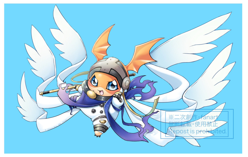angemon angemon_(cosplay) belt blue_background blue_eyes border cosplay digimon digimon_(creature) english_text full_body head_wings helmet highres holding holding_staff holding_weapon looking_at_viewer no_humans open_mouth patamon shingetsu_(doru0222) simple_background solo staff watermark weapon white_border wings